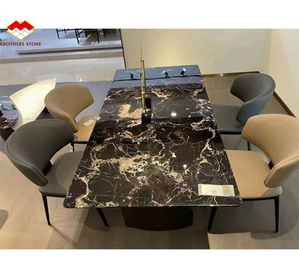 Modern Polished Black Rose Marble Big Slab Dining Table Set per Villa e Hotel Design