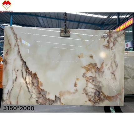 Vendita diretta di marmo lucido traslucido retroilluminato bianco onice con fiori rossi di alto livello