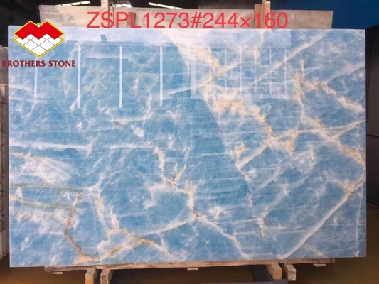 Marmo blu chiaro giada lastra di onice per piastrelle tagliate su misura vene d'oro