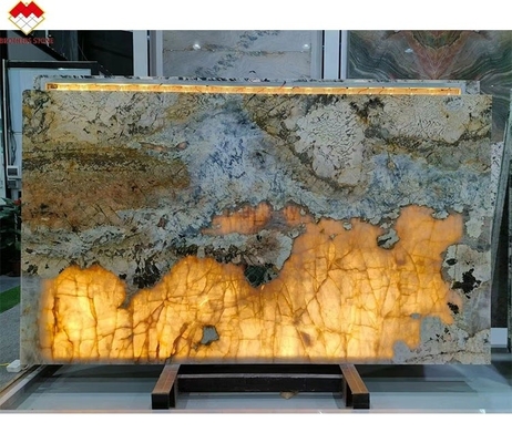 Moderno Disegno Fornitore d'oro retroilluminato lucidato Patagonia Pandora Quartzite Veneer Slab Cristallo Bianco Onyx Pietra traslucida